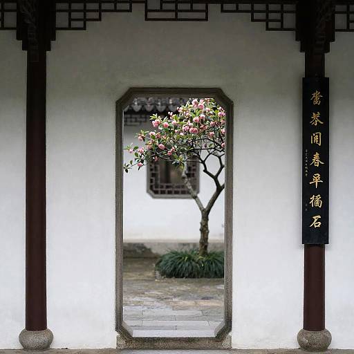 Traditional Chinese Garden Door with Flowering Tree