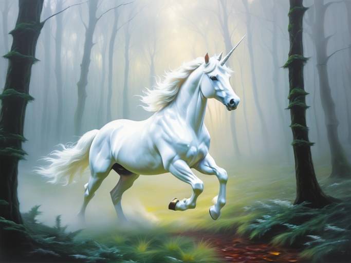 Ethereal Unicorn in Foggy Forest