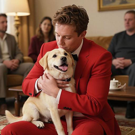 Photograph of a man in a vibrant red suit, hugging a happy yellow Labrador, seated in a warmly lit living room.