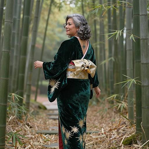 Elegant Woman in Bamboo Forest at Dawn