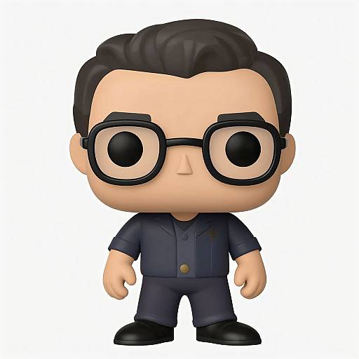 Chibi-style digital illustration of a man with large black glasses, black hair, wearing a navy blue jumpsuit, standing against a white background.