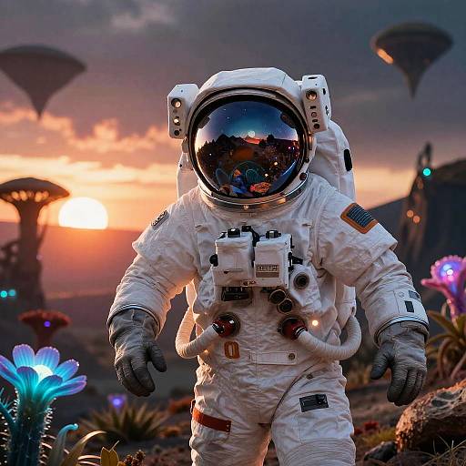 Photorealistic CGI of an astronaut in a white spacesuit with reflective helmet, standing on a colorful, futuristic alien planet at sunset, with floating structures