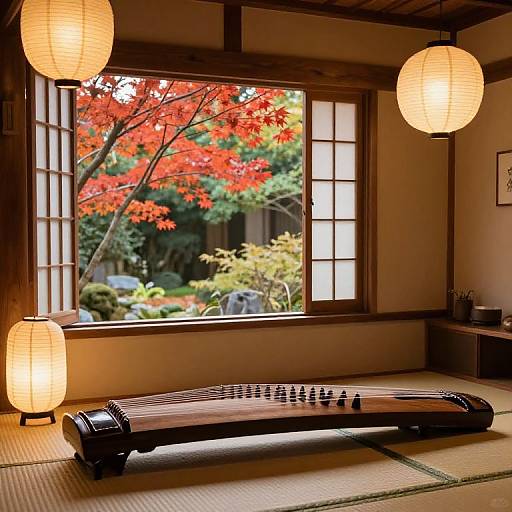 Photograph of a traditional Japanese room with a wooden Go board, paper lanterns, tatami mat, and a window view of vibrant red autumn leaves
