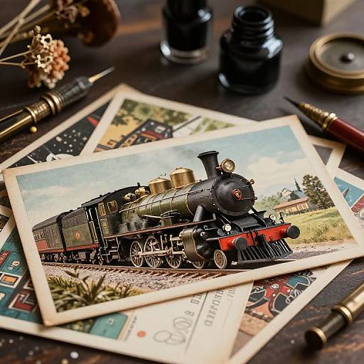 Photograph of vintage black steam locomotive on top of old postcards, surrounded by antique ink bottles, pen, and pine cones on dark wooden table