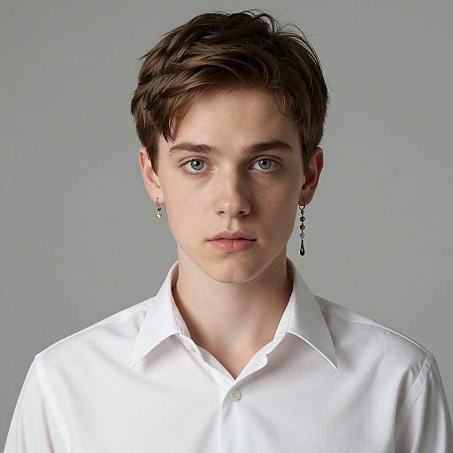 Photograph of a young Caucasian man with short brown hair, blue eyes, wearing a white button-up shirt, and a single earring with a te