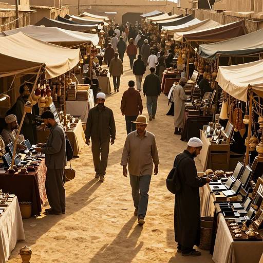 Photograph of a bustling outdoor market with sunlit, sandy pathway; vendors in traditional attire display wares under beige tents; diverse shoppers walk through the