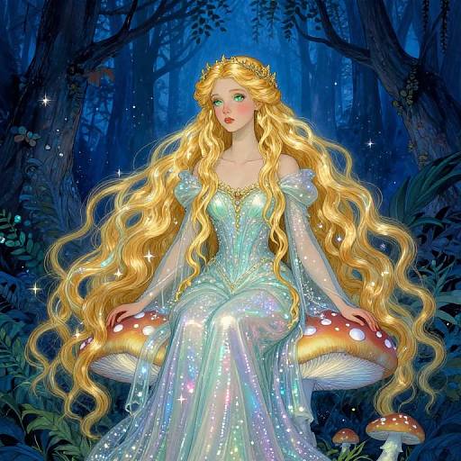 Digital illustration of a beautiful, fair-skinned fairy with long, wavy blonde hair, wearing a shimmering blue dress, sitting on glowing mushrooms in