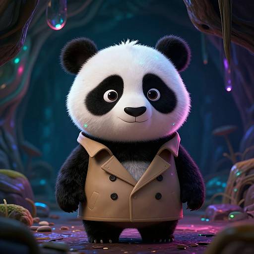 Cute CGI panda with black-and-white fur, wearing a beige trench coat, stands in a colorful, glowing, cave-like forest.