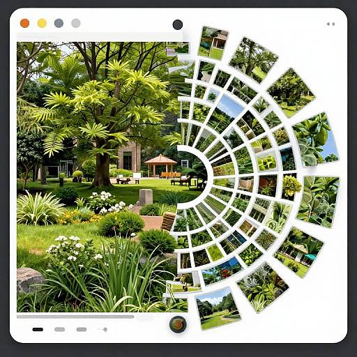 Photograph of a vibrant, sunlit garden with lush greenery, white flowers, and a wooden gazebo, overlaid with a white, circular