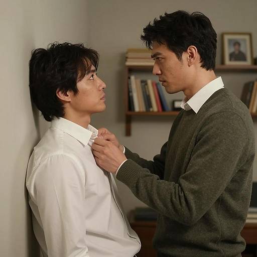 Intense Confrontation Between Two Asian Men Indoors