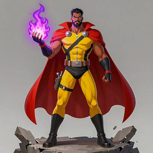 Comic superhero with purple fireball