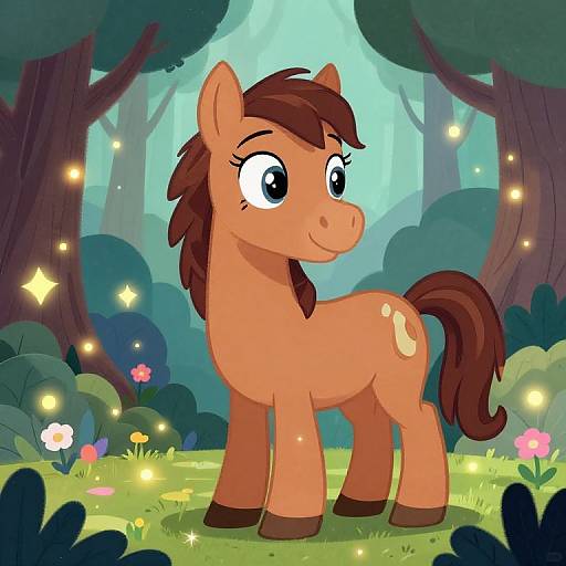 Cartoon-style brown pony with dark mane and tail, large expressive eyes, standing in a magical forest with glowing fireflies and flowers.