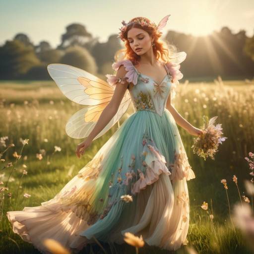 Fairy in Floral Dress on Sunlit Meadow