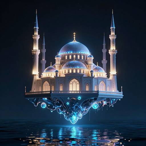 Cyberpunk Futuristic Mosque Over Ocean