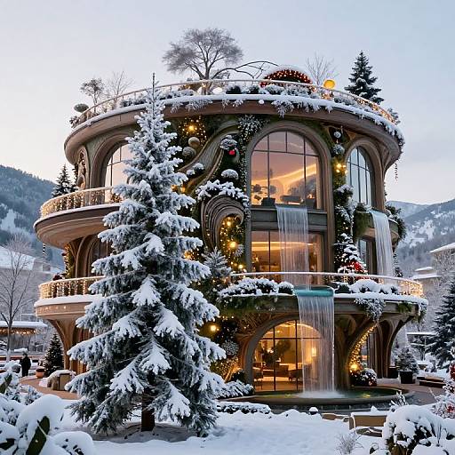 Photograph of a snow-covered, two-story, circular, modern mansion with illuminated windows, adorned with Christmas lights and garlands, surrounded by snow-l