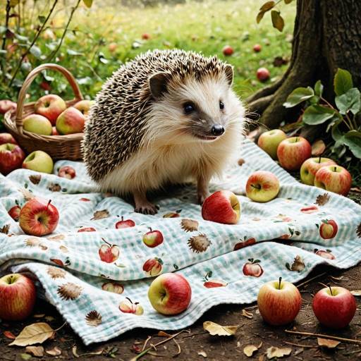 Joyful Hedgehog with Apples on Blanket