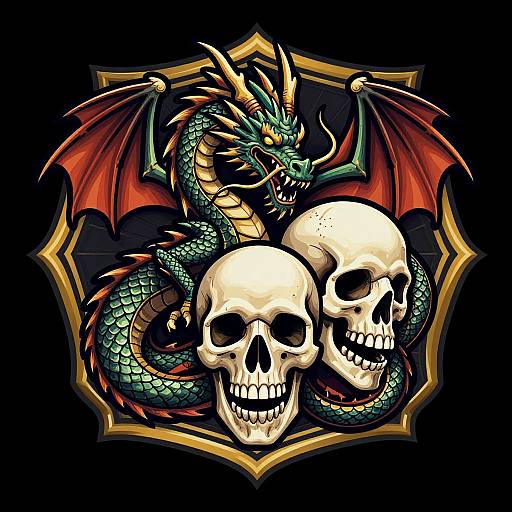 Digital artwork of a green dragon with red wings coiled around two white skulls, set in a golden, shield-shaped frame.