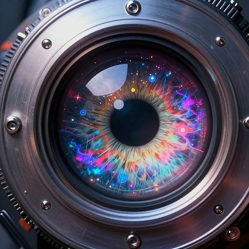 Close-up photograph of a vibrant, multicolored camera lens iris, featuring a black pupil surrounded by neon blue, pink, and yellow starburst patterns