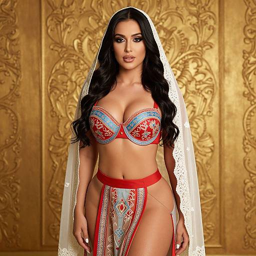Photograph of a beautiful woman with long black hair, wearing an ornate red and blue lace lingerie set, sheer white veil, and gold floral-pattern