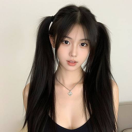 Photograph of an East Asian woman with long, black twin-tailed hair, fair skin, wearing a black tank top and silver necklace, against a