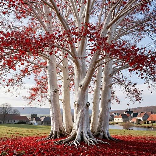 White Trees with Crimson Leaves in Fantasy Village