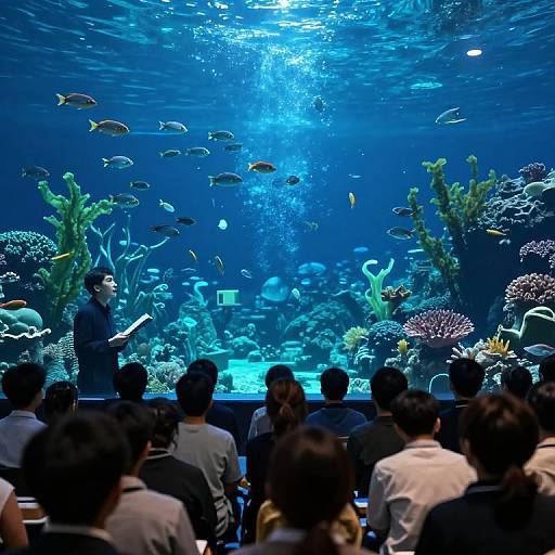 Photograph of an aquarium tour guide speaking to a seated audience, surrounded by colorful marine life, coral, and illuminated blue water.