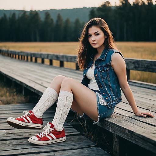 Young Woman in Denim Vest on Boardwalk