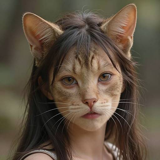 Photorealistic digital artwork of a young woman with cat-like features, including fur-covered face, striped pattern, whiskers, and feline ears,