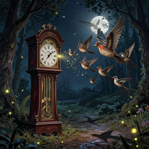 Dreamlike Grandfather Clock and Victorian Birds