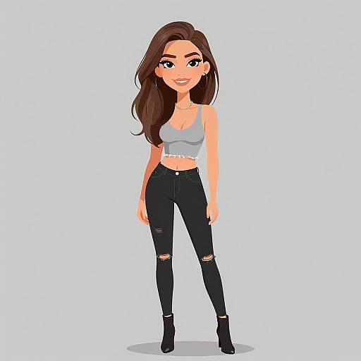 Digital cartoon of a cute, slim woman with long brown hair, wearing a gray crop top, black ripped jeans, and black ankle boots. White background