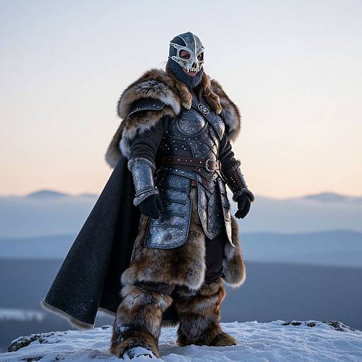 Photograph of a Viking warrior in fur-cloaked armor with a metallic skull helmet, standing on a snowy cliff at sunset.