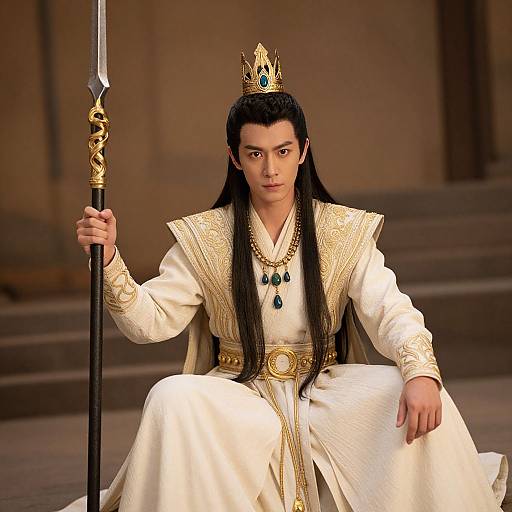 Digital artwork of a regal Asian man with long black hair, wearing a gold crown, white embroidered robe, and holding a ornate spear, seated