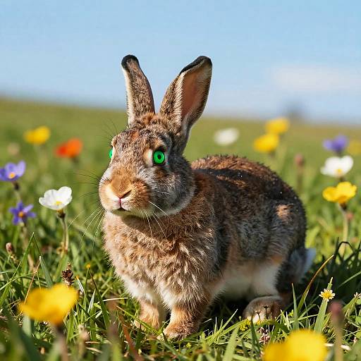 Photograph of a brown rabbit with vibrant green eyes, standing in a sunlit meadow filled with colorful wildflowers, against a clear blue sky.