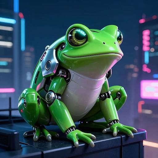 CGI image of a sleek, green, robotic frog with glowing eyes, metallic joints, and a white chest, sitting on a black platform in a