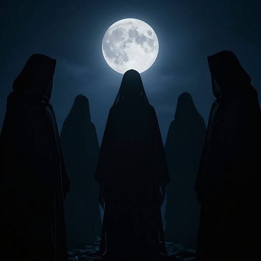 Silhouetted hooded figures stand under a bright full moon, creating a mysterious, eerie night scene. Dark blue tones dominate. Digital art.