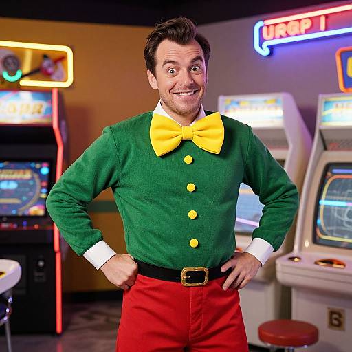 Photograph of a smiling man in a green sweater with yellow buttons and bow tie, red pants, standing in a brightly lit arcade, with neon signs