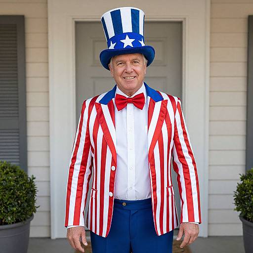 Photograph of a smiling older man in a red and white striped suit, blue pants, red bow tie, and blue top hat with white stars,