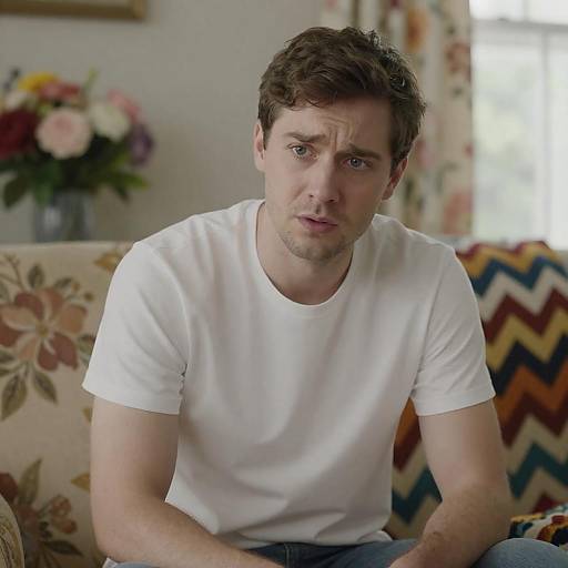 Concerned Man in Floral Living Room
