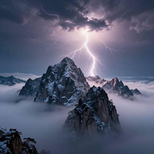 Photograph of a dramatic, snow-covered mountain peak with jagged peaks, surrounded by mist, and illuminated by bright lightning bolts piercing a stormy,