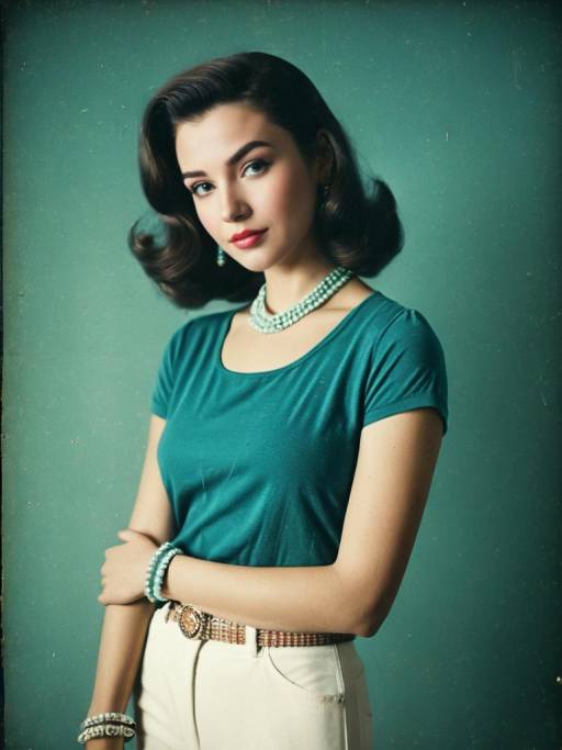 Vintage Style Woman in Teal Top and White Pants