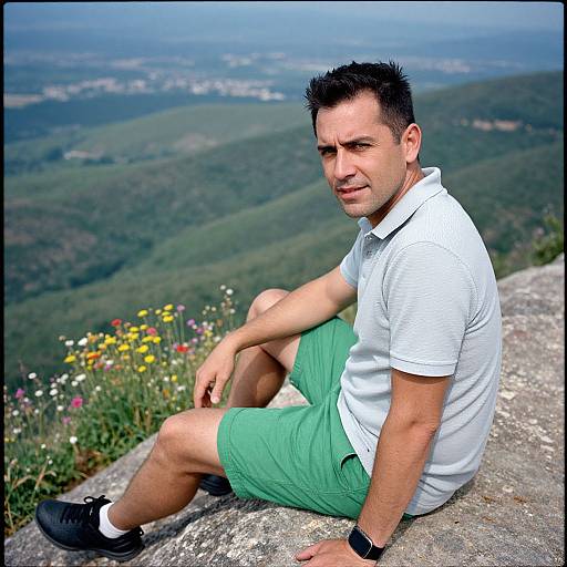 Photograph of a muscular, short-haired man with light skin, wearing a white polo shirt, green shorts, and black shoes, sitting on a rocky