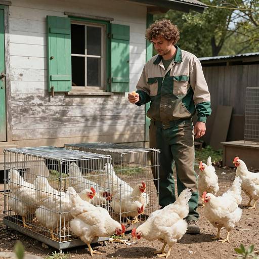 A Man with Chickens by a Wooden House