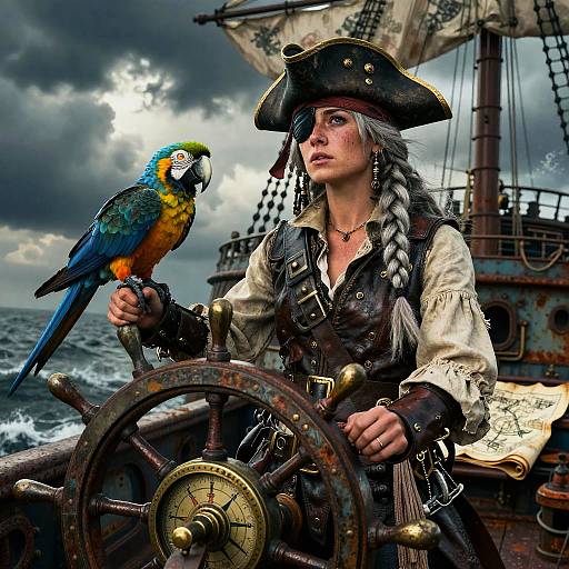 Female Dieselpunk Pirate Captain at Helm