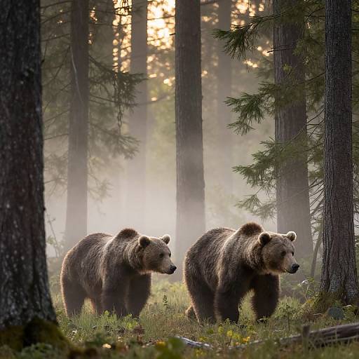 Photograph of two brown bears walking in a misty forest at sunrise, surrounded by tall pine trees and sunlight filtering through.