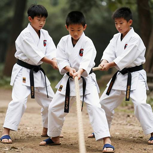 Young Karate Boys Tugging a Rope