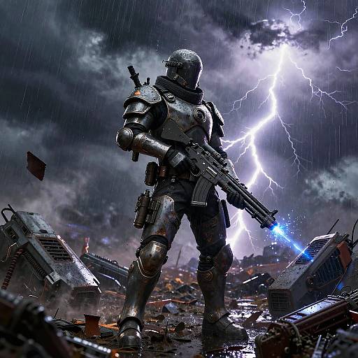 Armored Soldier in Futuristic Battlefield