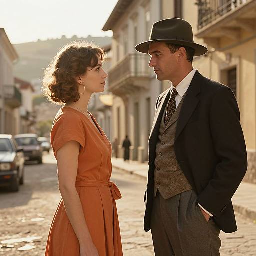 Photograph of a 1940s-style street scene with a woman in an orange dress and a man in a black hat and suit, standing face