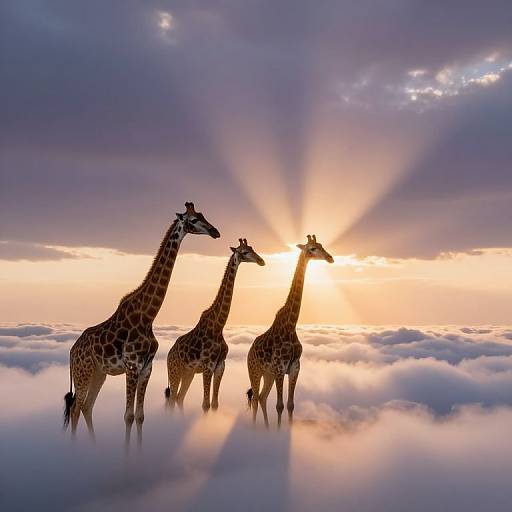 Photograph of three giraffes standing on a cloud-covered horizon at sunset, with sunlight rays shining through a partly cloudy sky.