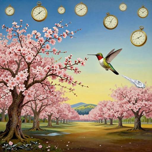 Digital artwork of a colorful hummingbird with a red chest, hovering between pink cherry blossom trees, surrounded by floating clocks, under a bright blue and yellow