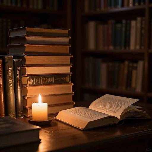 Photograph of a dimly lit library table with a stack of books, a lit candle, and an open book, casting warm light.